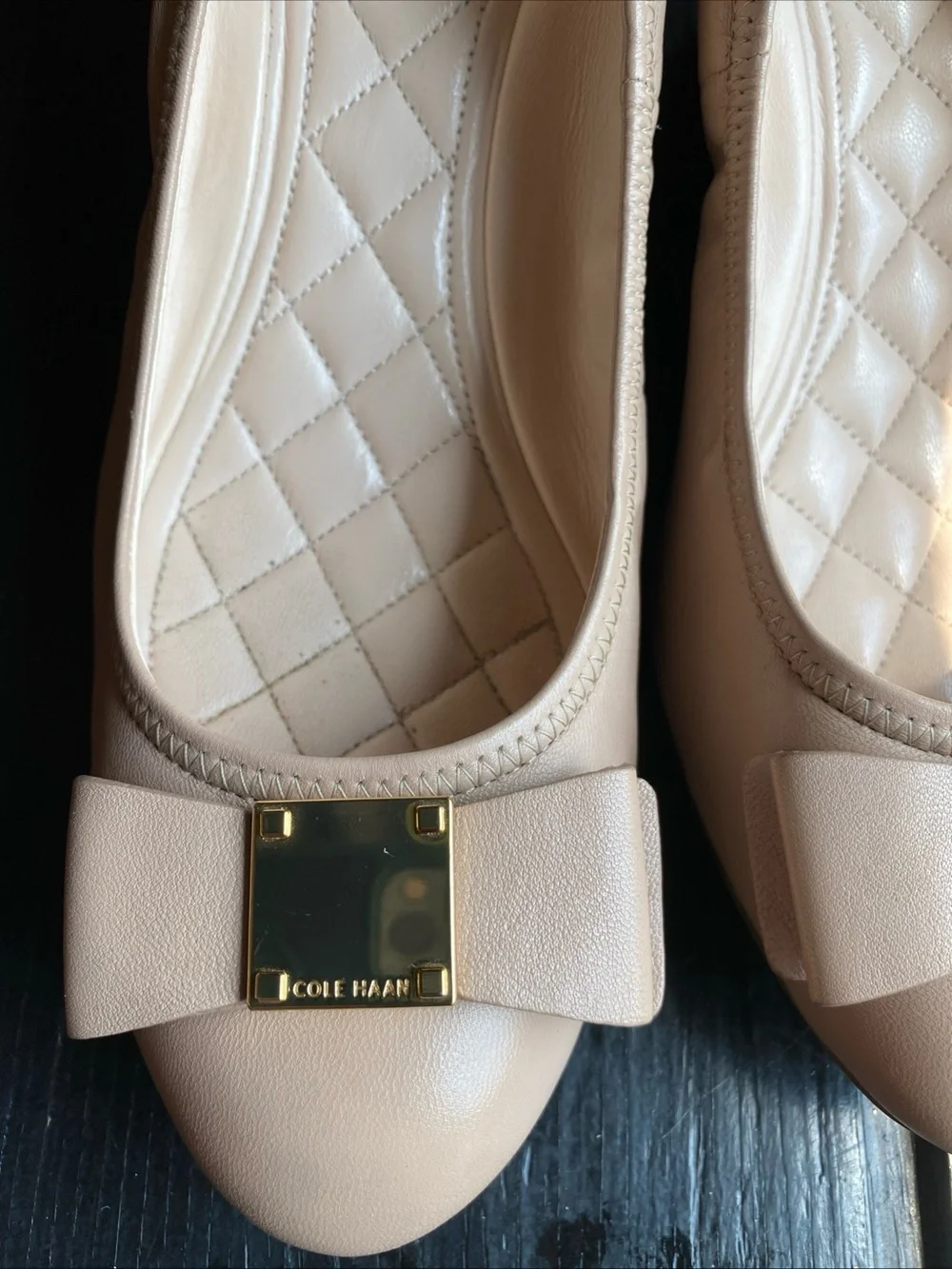 Cole Haan Nude Bow Ballet Flats with Gold Plaque